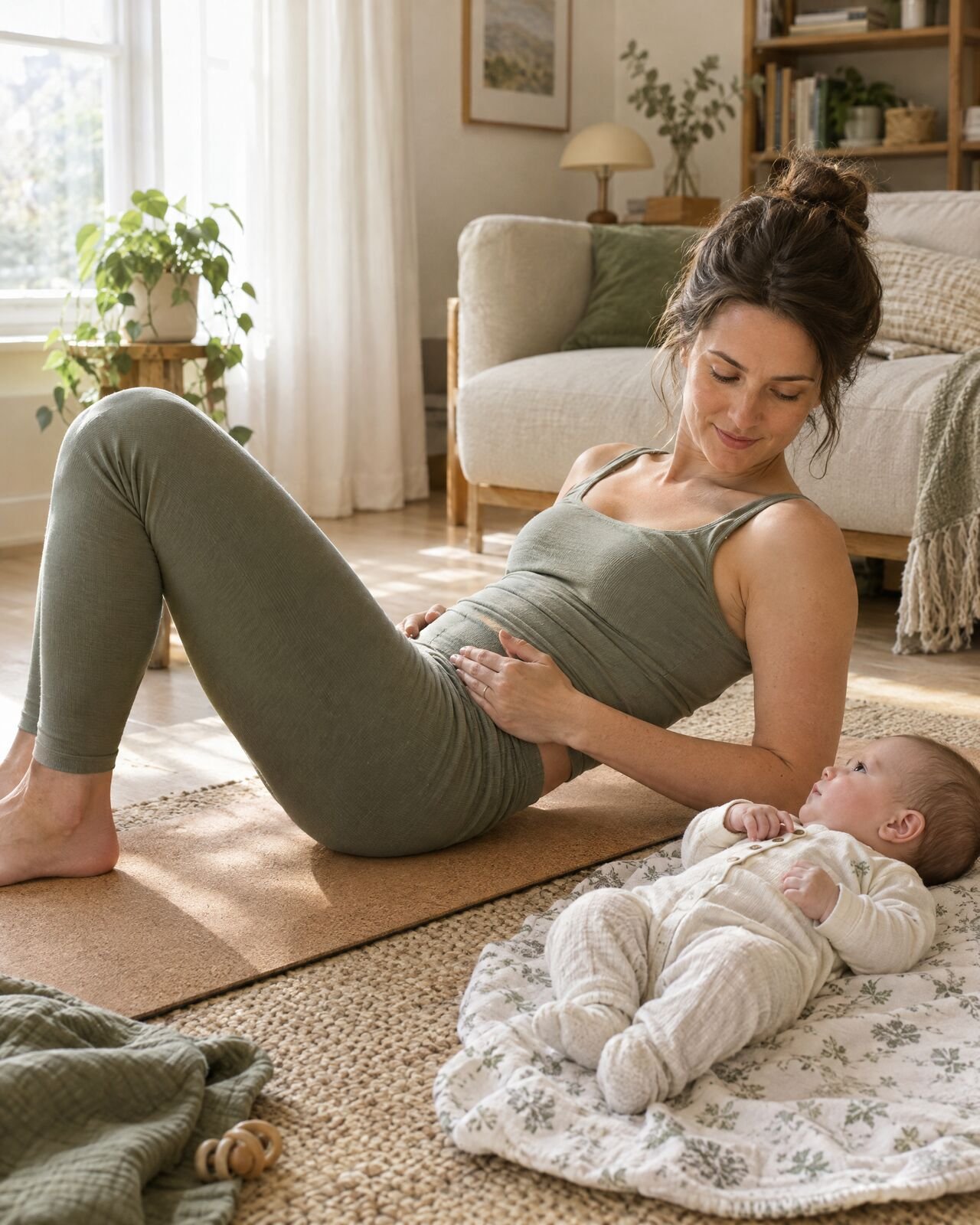 Mutter macht eine sanfte Beckenbodenübung auf einer Matte, ihr Baby liegt daneben